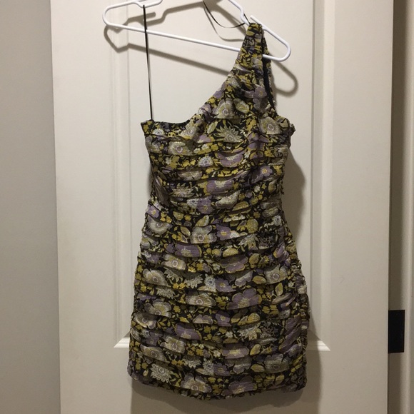 NWT Zara One Shoulder Ruched Floral Dress gold metallic threading lined size M - Picture 1 of 11